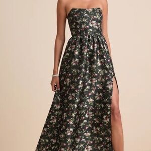Lulus Rainie Black Floral Jacquard Strapless Lace-up Maxi Dress - Size S
